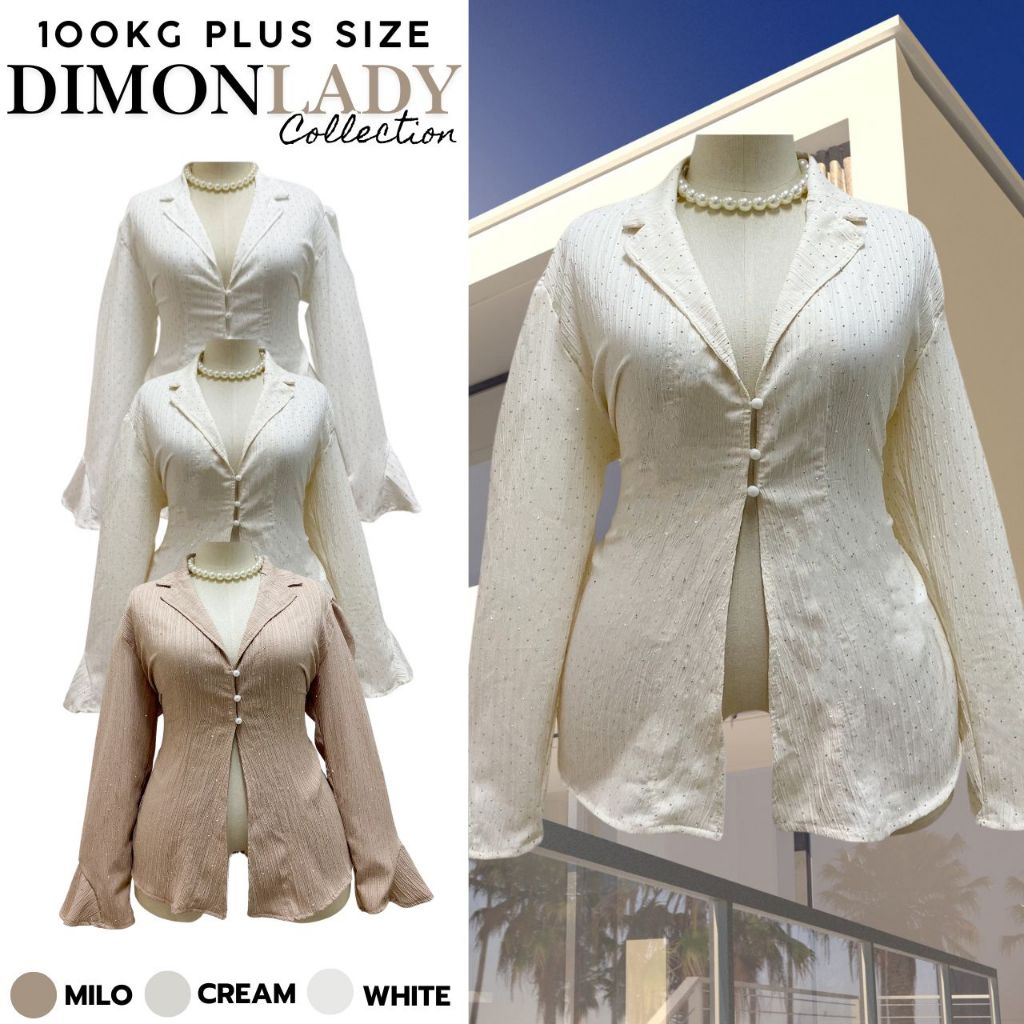 Plus size เสื้อคอปกแขนยาวผ้าเปลือกไม้ติดเพชรกระดุมมุกของสาวอวบ รุ่น เสื้อไดม่อนเลดี้(F201)
