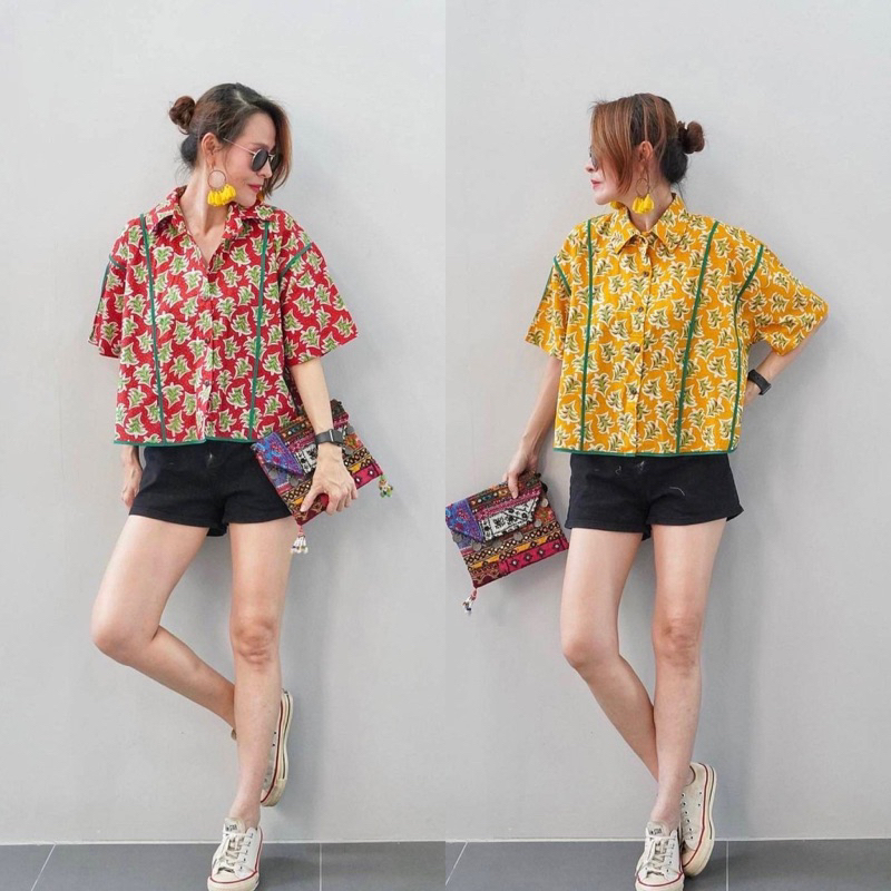 เสื้อเชิ้ตคอตตอนอินเดีย ผ่าหน้าติดกระดุมแต่งกุ้นเก๋ๆทั้งตัว ป้าย Perfect Style