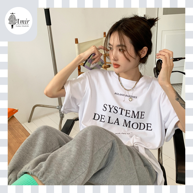 แขนสั้นผู้หญิง เสื้อยืดหลวม แขนสั้นลำลอง พิมพ์ลายอเมริกันอังกฤษ คอกลมหลวม