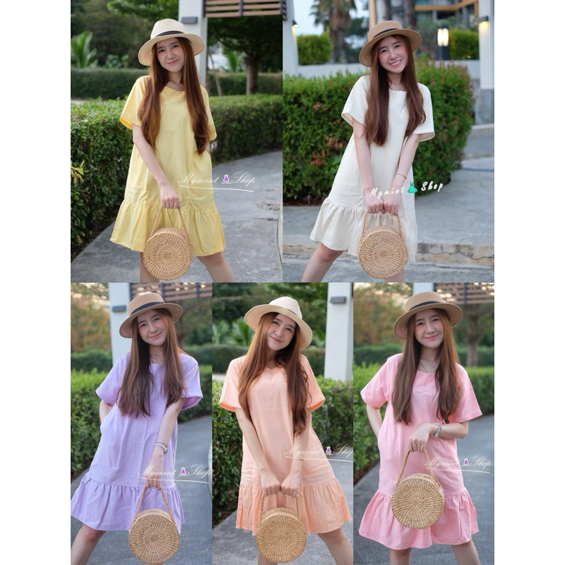 เดรสผ้าฝ้ายพื้นเมืองแขนสั้นชายระบาย สีม่วงเผือก
