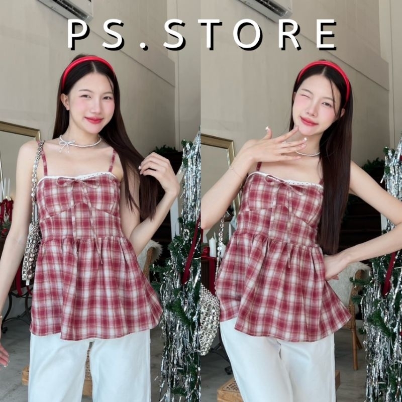Rora : เสื้อสายเดี่ยวตัวยาวลายสก็อตแต่งขอบลูกไม้ (สายปรับได้)
