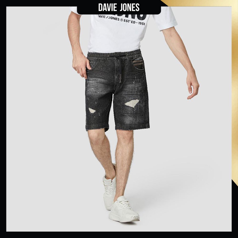 DAVIE JONES กางเกงขาสั้น เอวยางยืด Elastic Shorts SH0003 สีดำ กรม