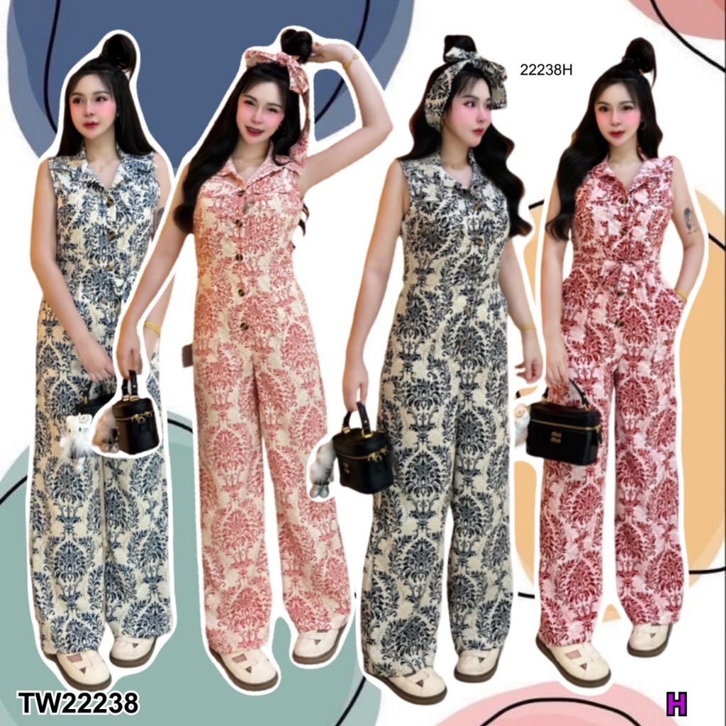 TwinsShopVip💗พร้อมส่ง  TW22238 จั้มสูทผ้าไหมอิตาลี่ พิมพ์ลาย คอปก ขายาว + สายผูก