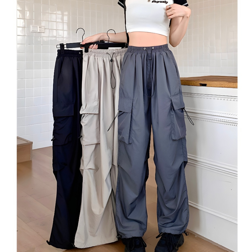 กางเกงคาร์โก้ กางเกงเอวสูง ใส่เชือกที่เอว ผ้าระบายอากาศดี สุดชิค ผ้าใส่สบาย #010054