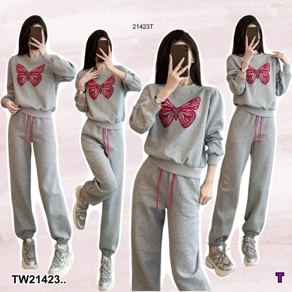 TwinsShopVip พร้อมส่ง TW21423 Set 2 ชิ้น เสื้อวอร์มแขนยาว + กางเกงวอร์มขายาว ..