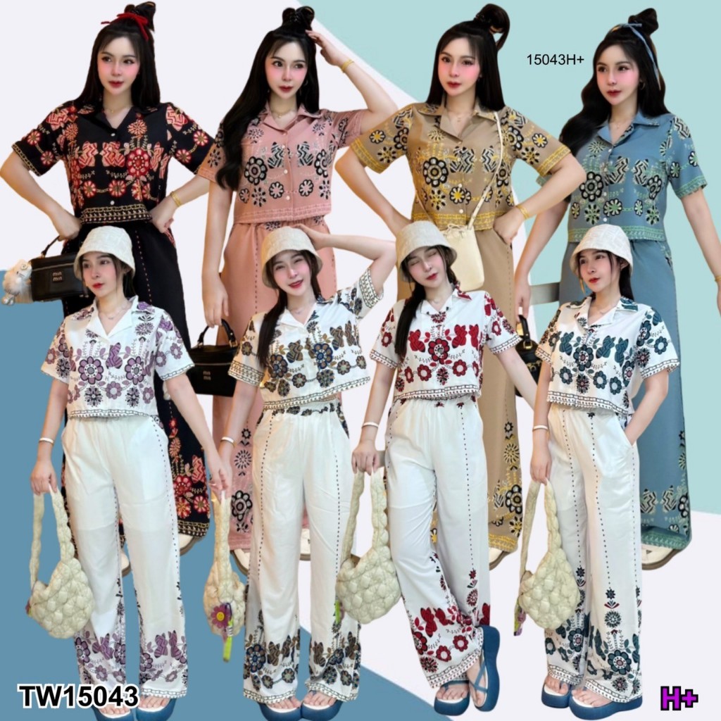 TwinsShopVip💗พร้อมส่ง TW15043 Set 2 ชิ้น เสื้อเชิ้ตครอปลายดอกไม้ + กางเกงขายาว TW20971 / TW20766