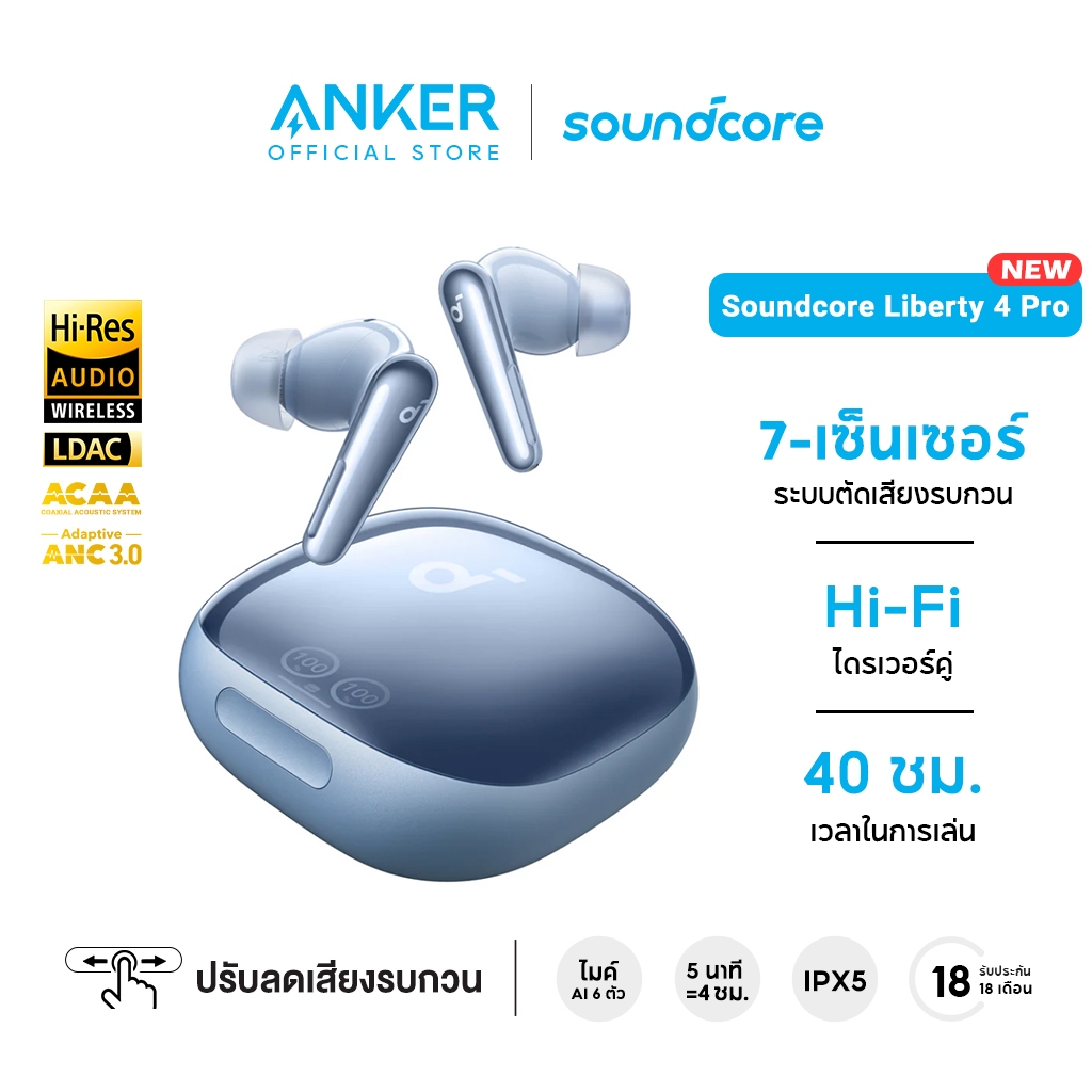 Soundcore Liberty 4 Pro Noise Cancelling True-Wireless Earbuds หูฟังบลูทูธไร้สาย 5.3 ลดเสียงรบกวน True-Wireless Earbuds