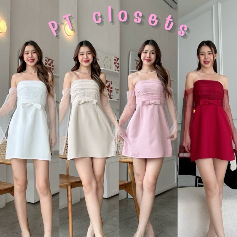 พร้อมส่ง เดรสสั้นเกาะอก แขนตาข่าย ลุคคุณหนู ดีเทลโบว์หน้า หลังสม็อค #EVD53