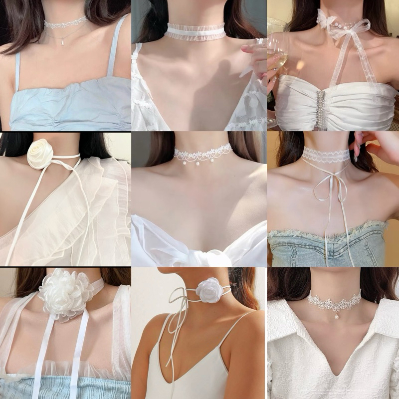 ส่งจากไทย รวมโชคเกอร์คอสีขาว ลุคน่ารักคุณหนู สร้อยคอสีขาวบริสุทธิ์