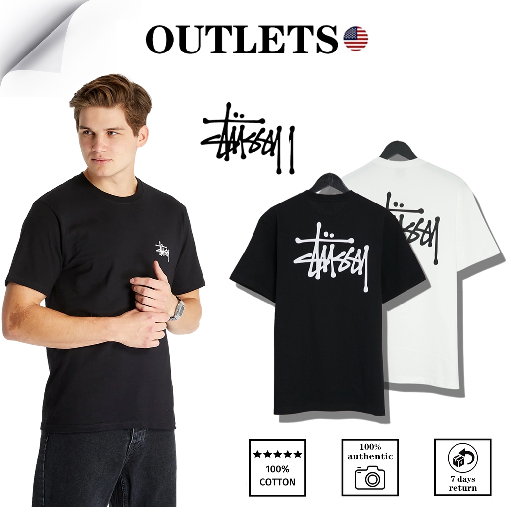 OUTLETS Stussy แท้ Basic Logo Tee Black/Whiteแขนสั้นขั้นพื้นฐาน เสื้อยืดสไตล์เดียวกันสำหรับคู่รัก
