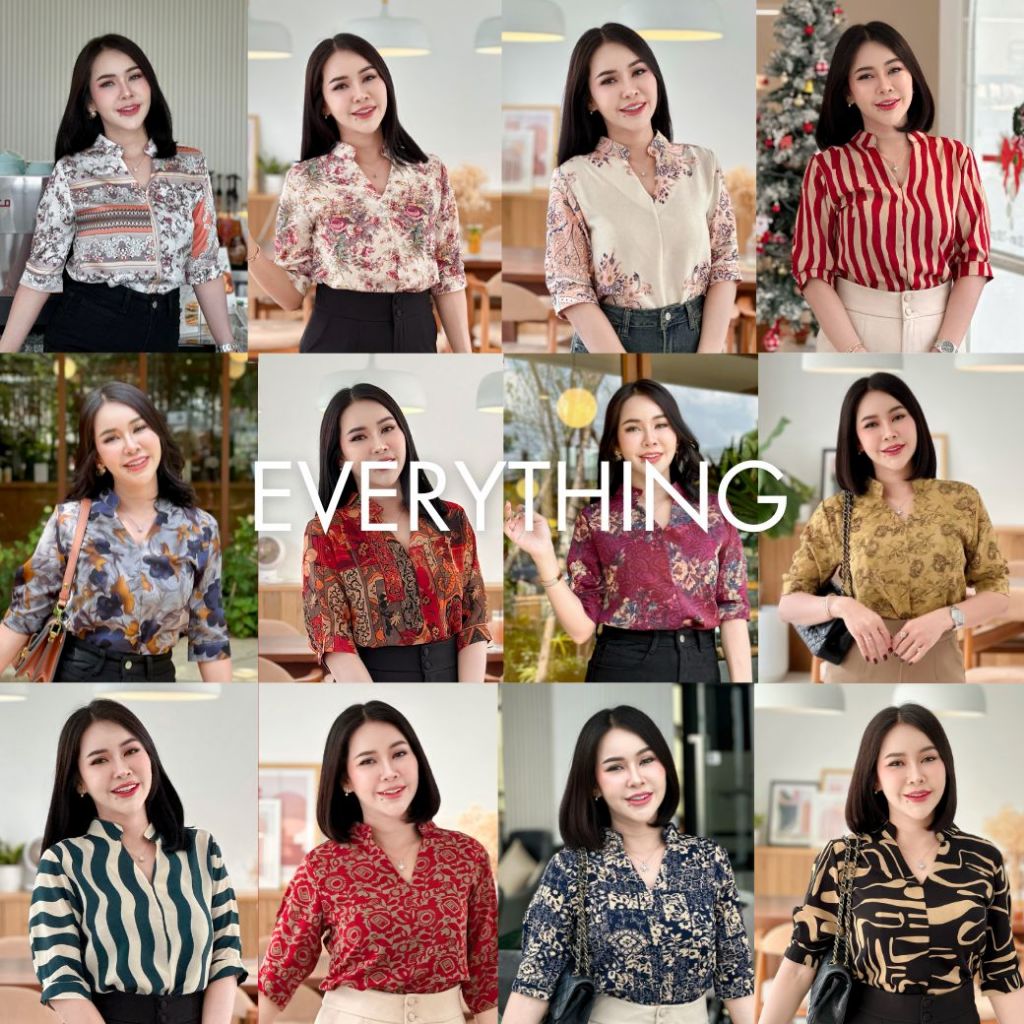 Everything2019 เสื้อทำงานคอวีจีนกระดุมหลัง แขนศอก เสื้อผู้หญิงใส่สบาย ใส่ได้ทุกโอกาส (6145-1)