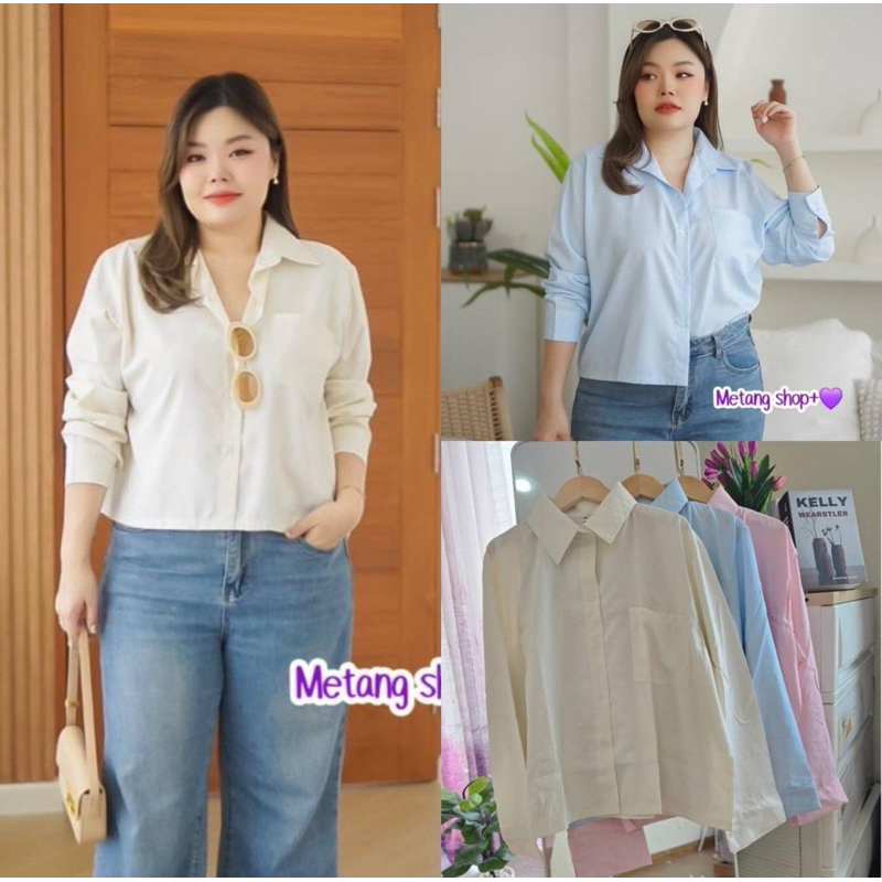 เสื้อเชิ้ตทำงานสาวอวบ เสื้อแฟชั่นเสื้อเชิ้ตสาวอวบครอป เชิ้ตสาวอวบลายริ้ว สีพาสเทล เสื้อผ้าแฟชั่นสาวอวบอ้วน plussize