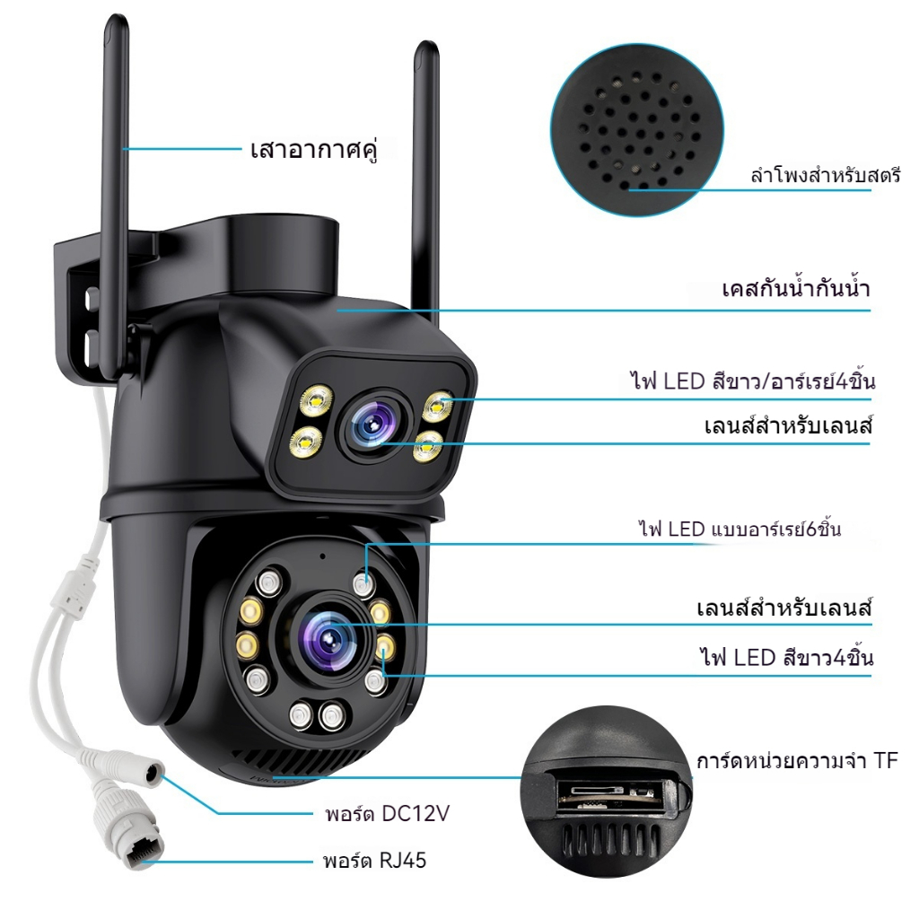 ICSEE กล้องวงจรปิดไร้สา กล้องสองเลนส์ WiFi หน้งจอ คู่2กล้อง HD 8ล้าน พิกเชล กลงคืนภาพสี CCTVกล้องวงจรปิดไร้สาย