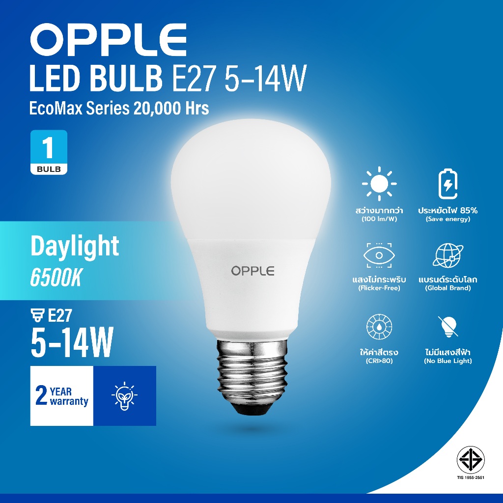 OPPLE | หลอดไฟ LED BULB E27 EcoMax แสงขาว Daylight 6500K 5W/7W/9W/12W/14W 20000ชม ประกัน2ปี ถนอมสายตา