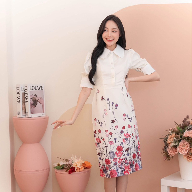 มือ 2📍เดรสทรงตรงสีขาว ลายดอกไม้ style be we ไซส์ M