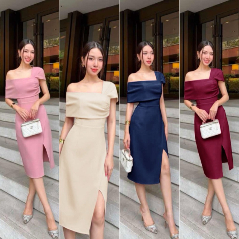 ชุดเดรสราตรี ออกงาน ทรงมีแขนเปิดไหล่ข้างเดียว S/M/L ทรงเก๋ กระโปรงผ่าหน้าสุดชิค