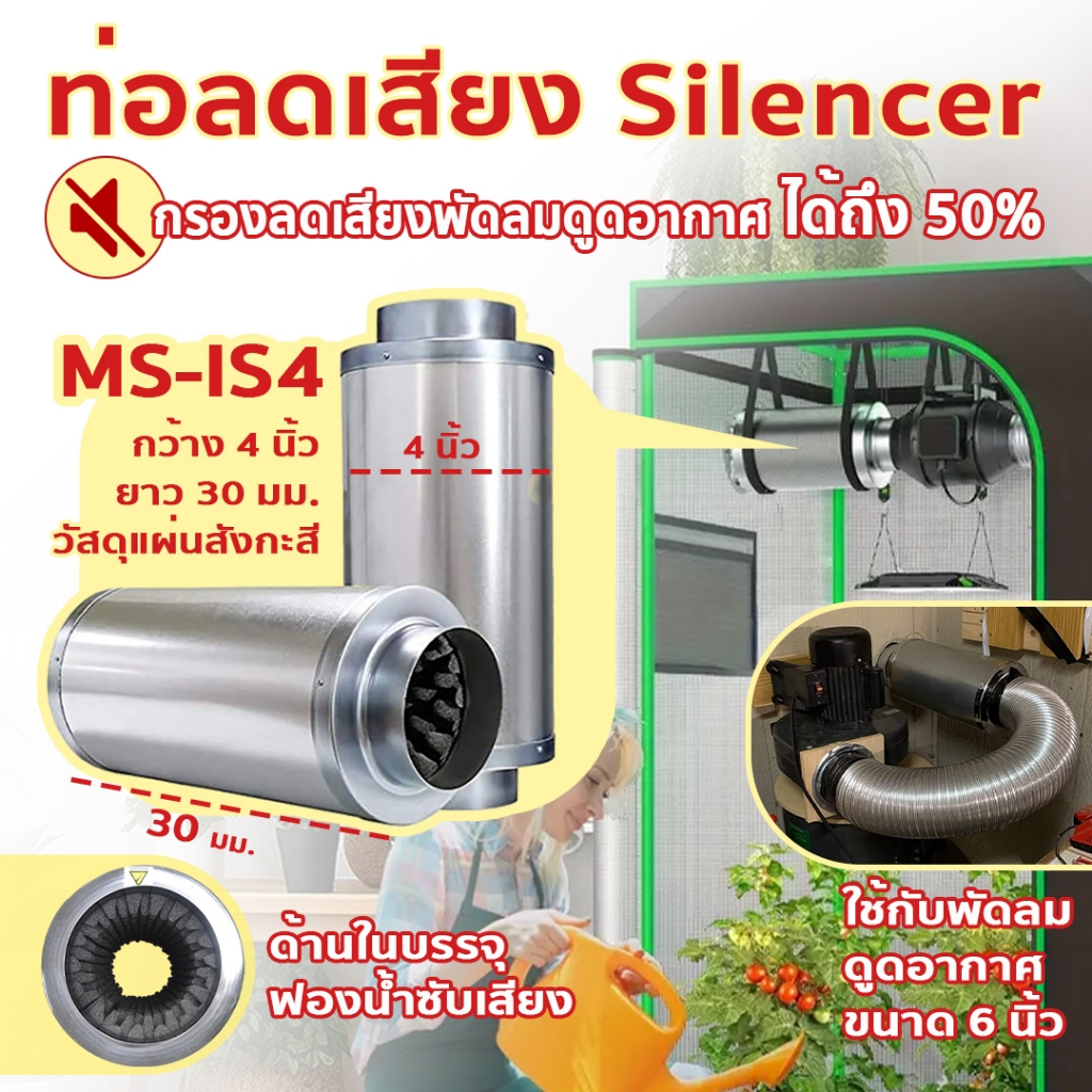 Silencer ท่อลดเสียง ท่อลดเสียงดังพัดลมดูดอากาศ อุปกรณ์ภายในสำหรับเต็นท์ปลูกพืชในร่มMS-IS4(ขนาด4นิ้ว)