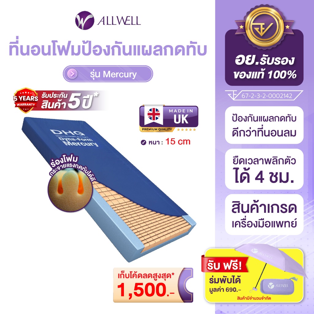 ALLWELL ที่นอนโฟมป้องกันแผลกดทับ ที่รพ.ใช้ รุ่น Mercury หนา 15 ซม. ดีกว่าที่นอนลม