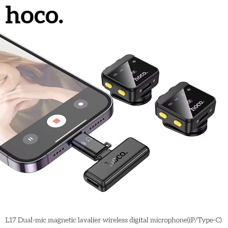 Hoco L17 ไมค์ติดเสื้อแบบแม่เหล็ก for iPhone Android Type-C wireless digital microphone dual magnetic lapel microphone