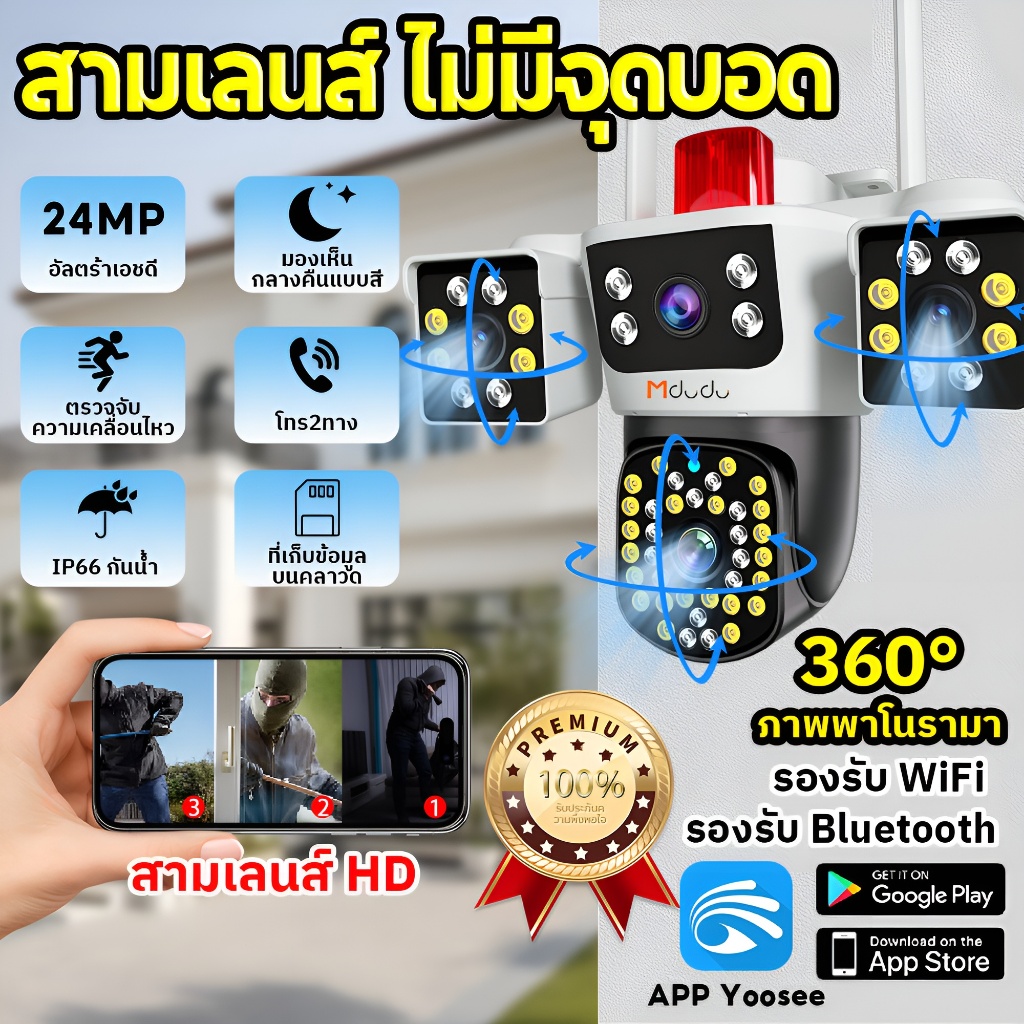 Huavision กล้องวงจรปิดไร้สาย 3เลนส์ แสดงภาพพร้อมกัน3หน้าจอ AI ตรวจจับ Full HD 24MP มีสัญญาณกันขโมย