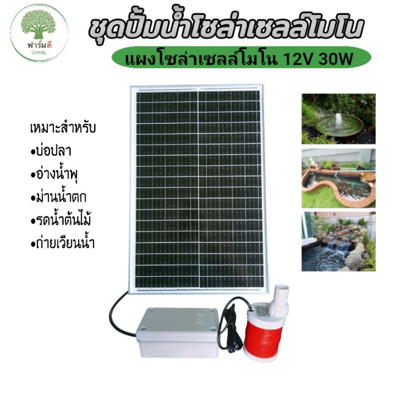 ชุดปั๊มน้ำโซล่าเซลล์ 12V(ชุดพร้อมใช้งาน)แผงโมโน 12 โวลท์ 30 วัตต์ ปั๊มน้ำสูบถึง700ลิตร/ชั่วโมง พร้อม