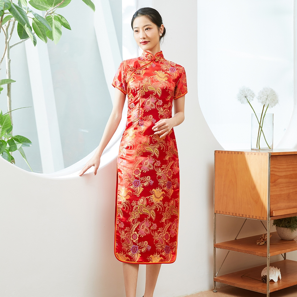 กี่เพ้ายาว Qipao 2026 ชุดกี่เพ้าตรุษจีน ชุดยาวหญิงผู้ใหญ่ เสื้อกี่เพ้า สีแดง คอจีน มีซิปข้าง ตรุษจีน - รูปที่ 2