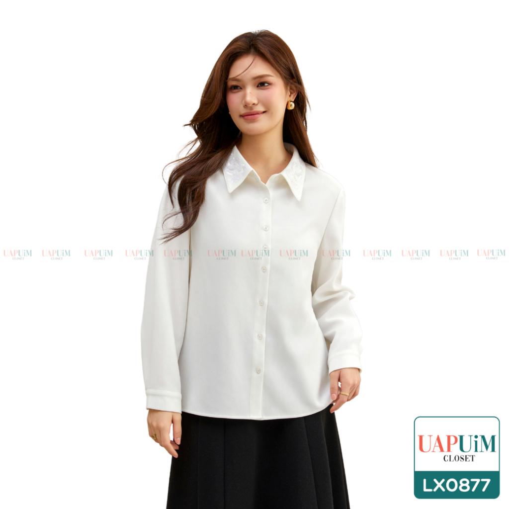 (LX0877)เสื้อแขนยาวสาวอวบเสื้อเชิ้ตแขนยาวสุดคลาสสิกผสมผสานความทันสมัย กับดีไซน์กระดุมหน้าใช้งานได้สะดวก