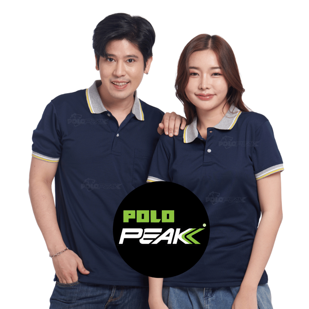 เสื้อโปโลสีกรมท่าเข้ม ปกริ้วส้มขาว polopeak
