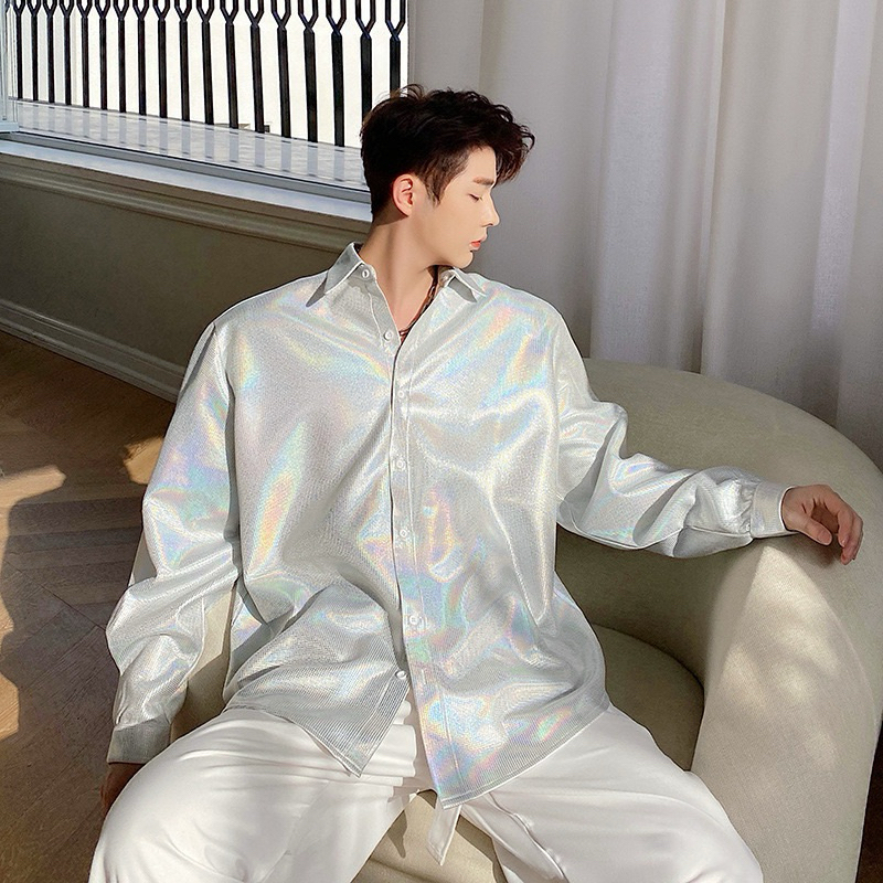 พร้อมส่งในไทย เสื้อเชิ้ตสำหรับคุณผู้ชายผ้าวิ้งกลิสเตอร์เล่นแสงสวยมากก งานเกาหลี