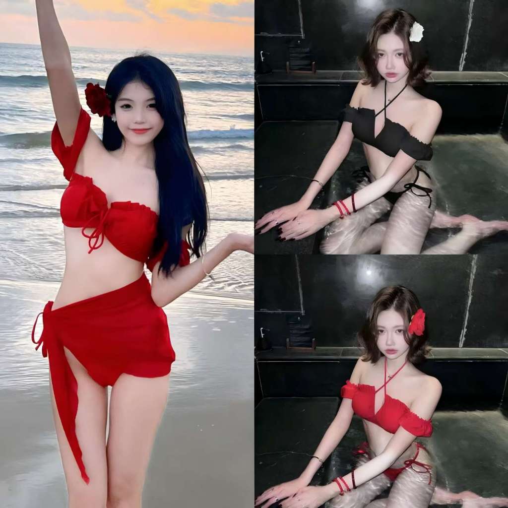 🌸Swift Bra🌸Sexy bikini ชุดว่ายน้ำแขนพัฟ บิกินี่ชุด3ชิ้น สไตล์แฟชั่น เนื้อผ้าดี