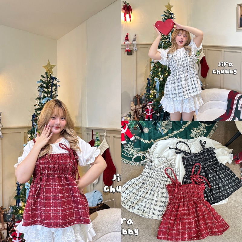(JR) ชุดเซ็ต 2 ชิ้น เสื้อตัวใน + สายเดียวตัวนอก ผ้าชาแนล สวยหรู ลูกคุณหนูมากๆ เสื้อผ้าสาวอวบอ้วน พลัสไซส์ ไซส์ใหญ่