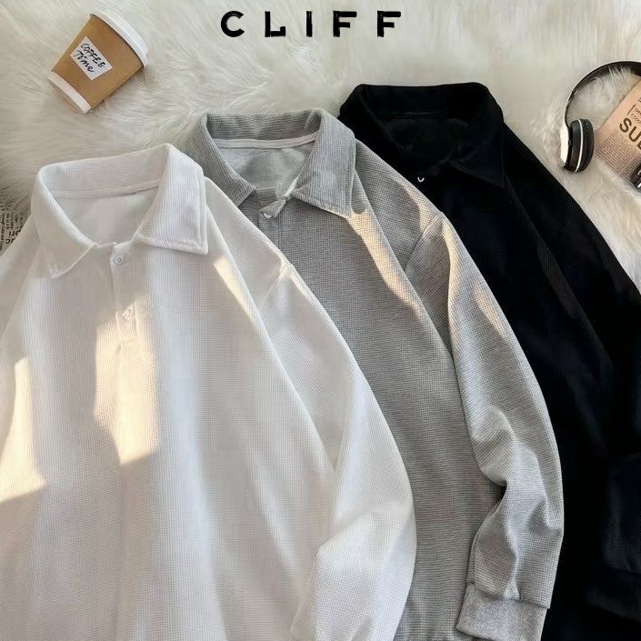 CLIFF ฤดูใบไม้ร่วง สีล้วน แขนยาว เสื้อโปโล  แบบหลวม แมทช์ลุคง่าย เสื้อยืดคอปก