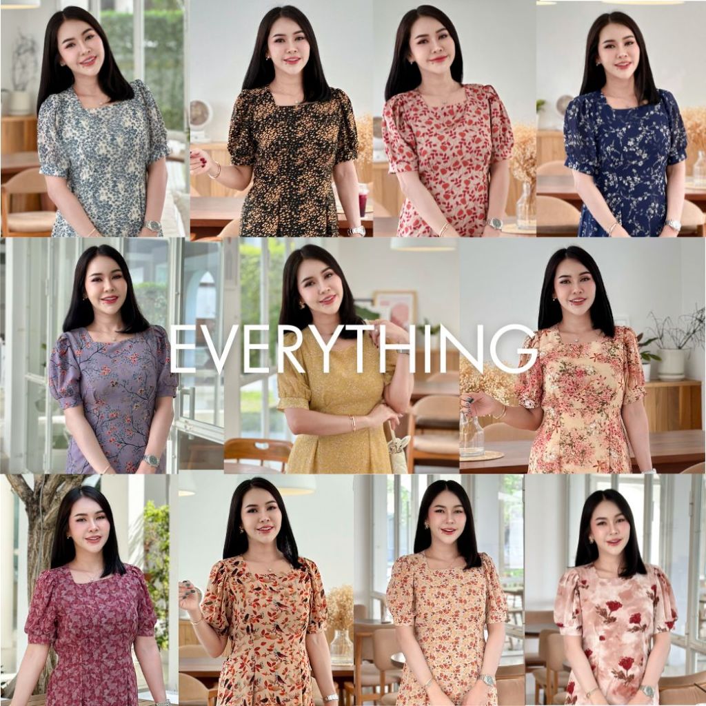 Everything2019 เดรสยาวคอเหลี่ยม โบว์ผูกเอว มีซับใน หลายไซส์ พร้อมส่ง (637)