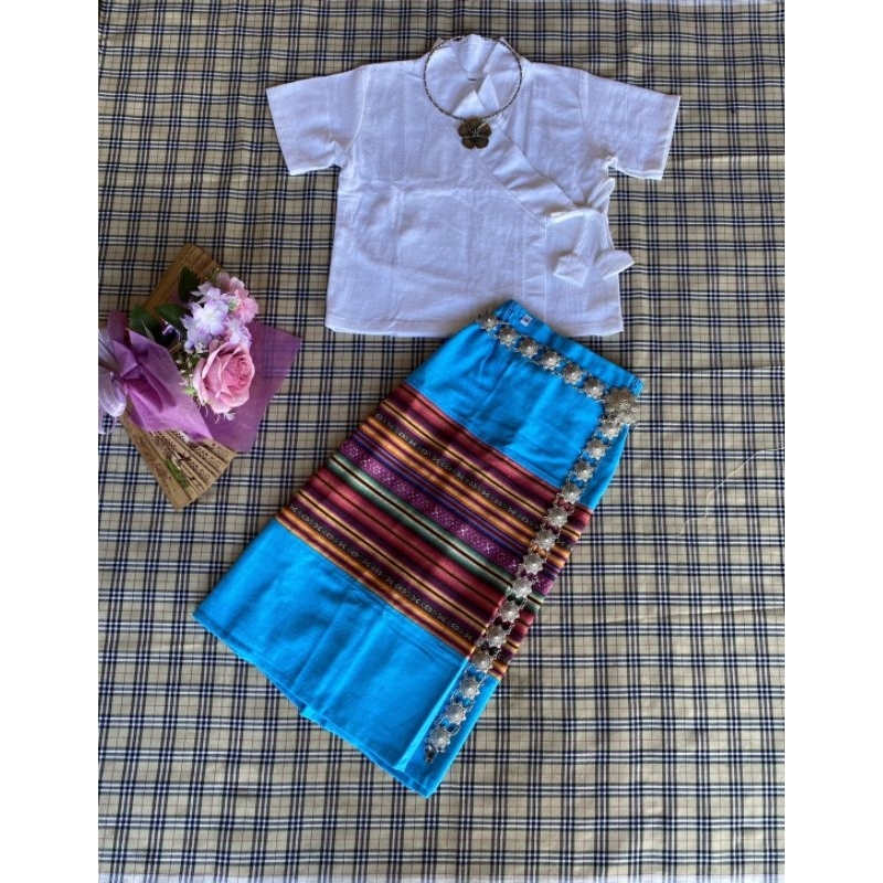 ชุดผ้าฝ้ายเด็กเสื้อแขนสั้นป้ายหน้า+ผ้าถุงเอวยืด รูปที่ 8