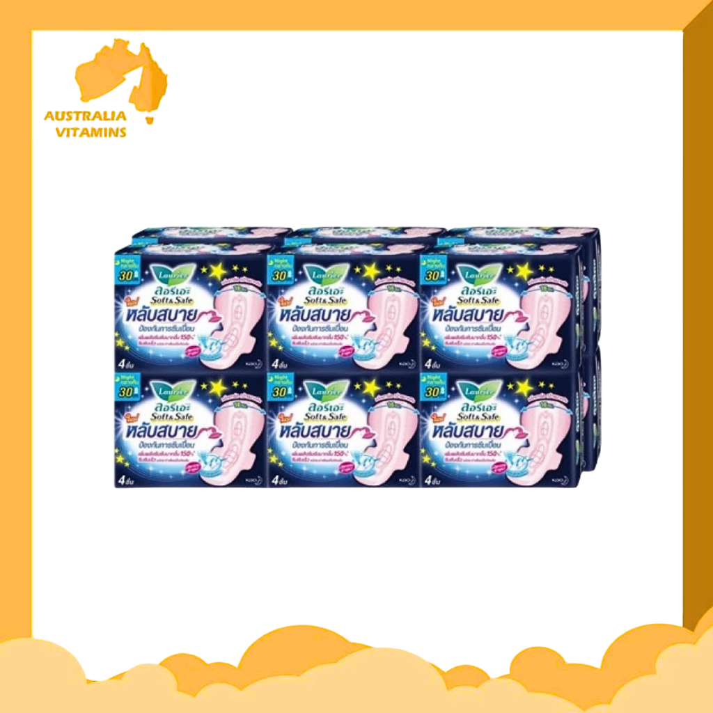 [ส่งฟรี] ลอรีเอะ ซอฟท์แอนด์เซฟ ไนท์ ผ้าอนามัยแบบมีปีก 30 ซม. สำหรับกลางคืน 4 ชิ้น x 12