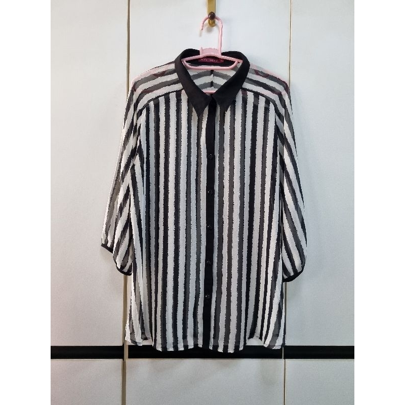 2nd Mix-Self เสื้อเชิ้ต คอปก ลายทาง ผ้าชีฟอง