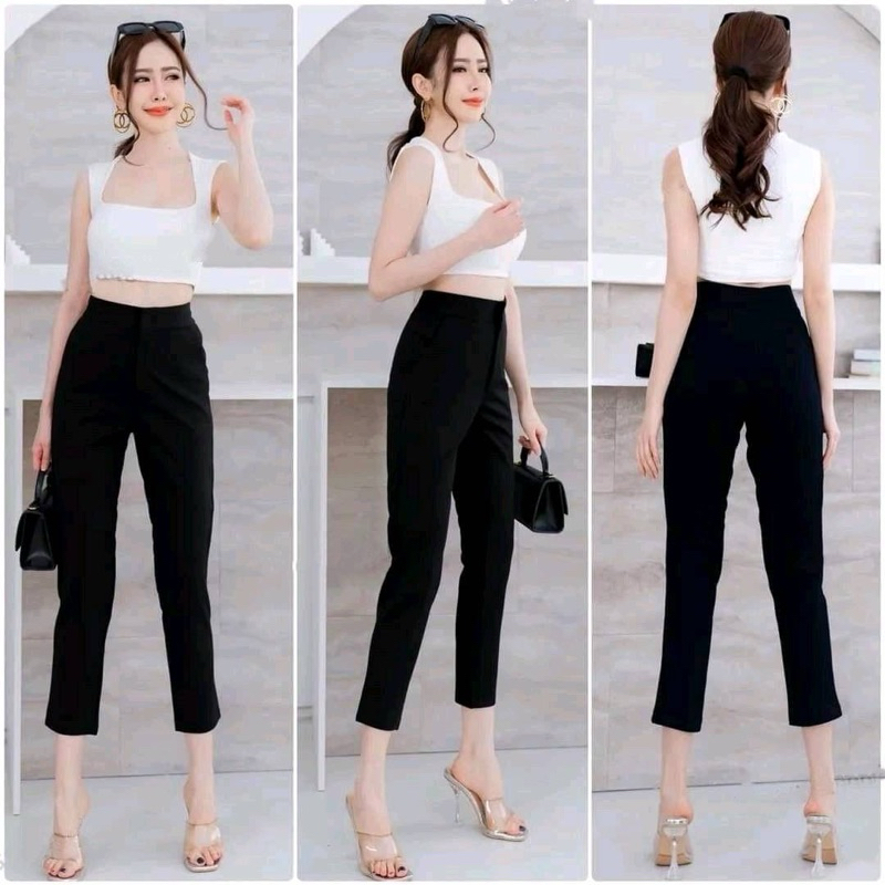 กางเกง8ส่วนผ้าโรเชฟแท้เก็บหน้าท้องกระชับผ้ายืดหยุ่นใส่สบายใส่ทำงานหรือใส่เที่ยวได้
