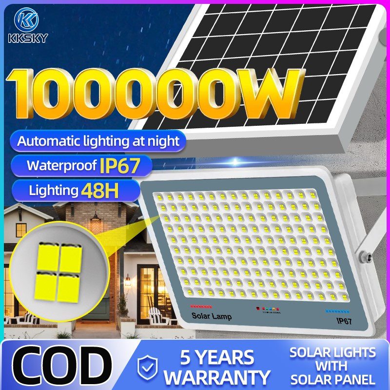 KKSKY ไฟโซล่าเซลล์ 100000W สว่างอัตโนมัติเมื่อฟ้ามืด กันน้ำ ป้องกันฟ้าผ่า solar lights LED สปอร์ตไลท์ IP67 พร้อมรีโมท