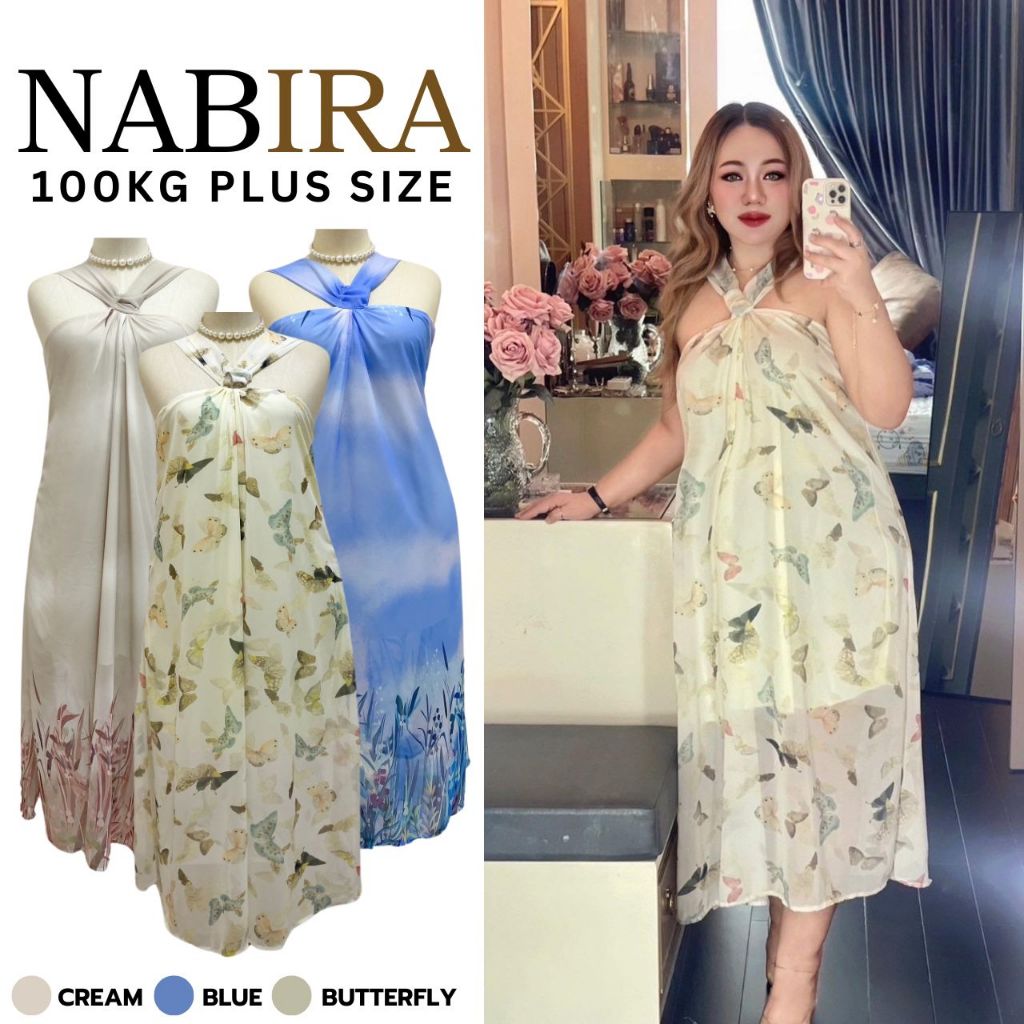 Plus size เดรสสายเดี่ยวไขว้อกผ้าชีฟองเกาหลีพิมลายผีเสื้อของสาวอวบ ไปดินเนอร์ รุ่น นาบีร่า (E22)