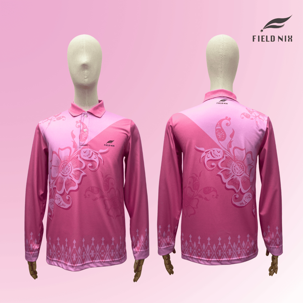 FIELDNIX เสื้อโปโลพิมพ์ลาย ลายปลาคู่ สีชมพูทูโทน แขนยาว ผ้านุ่ม ใส่สบาย ไม่ต้องรีด