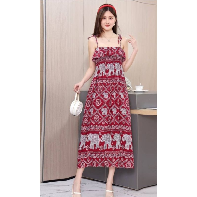 เดรสผูกบ่าระบาย เดรสสม็อคผูกบ่า เดรสลายช้าง สินค้าพร้อมส่ง