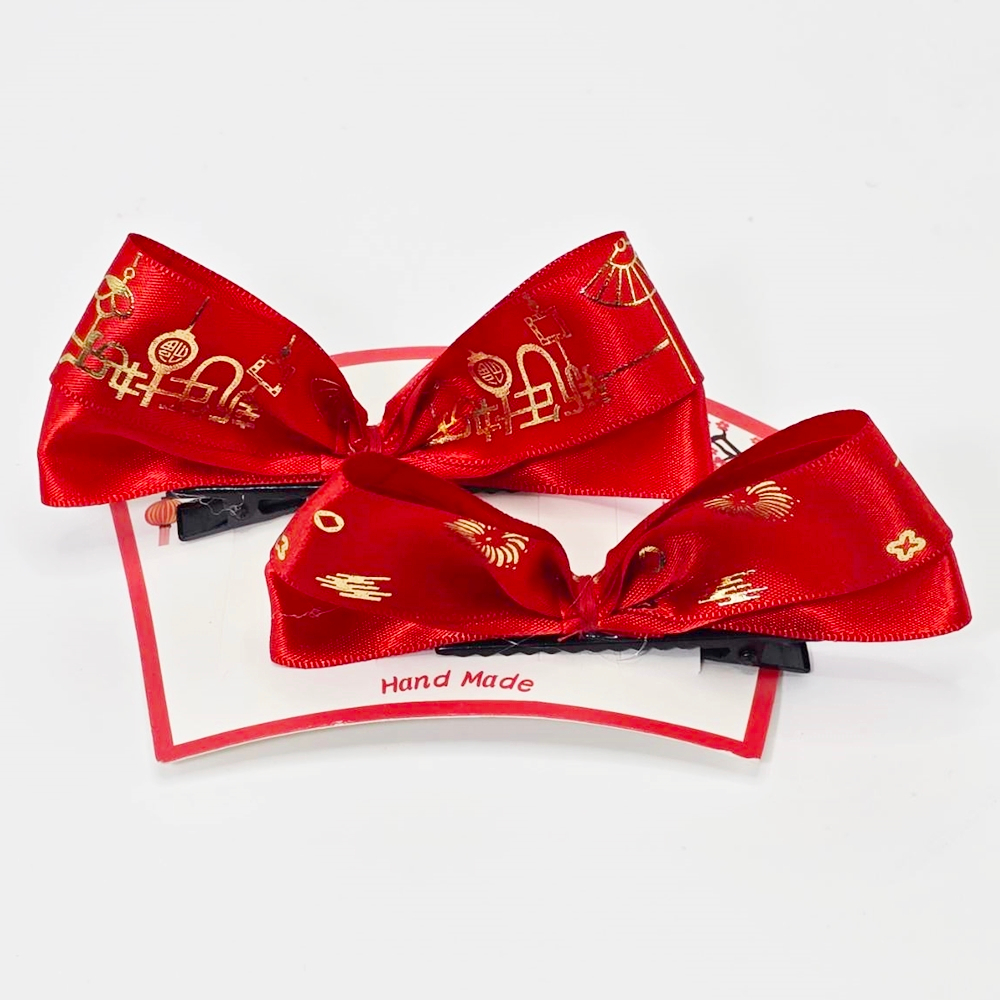 กิ๊บติดผมตรุษจีน ผูกโบว์ตรุษจีน กิ๊บติดผมจีน ปอมปอม สีแดง ยางรัดผมตรุษจีน - 3
