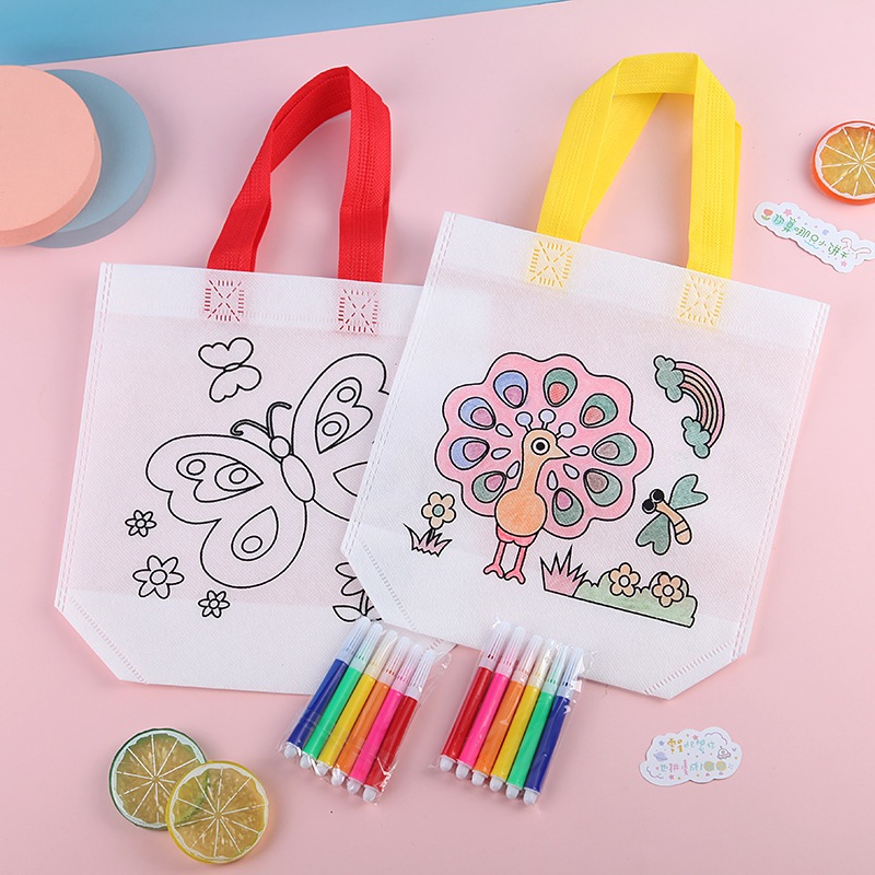 กระเป๋าถือ กระเป๋าสะพาย diy กระเป๋าผ้าระบายสี ถุงผ้า กระเป๋าเป้ถุงรูด ระบายสี ของเล่น DIY เสริมพัฒนาการเด็ก
