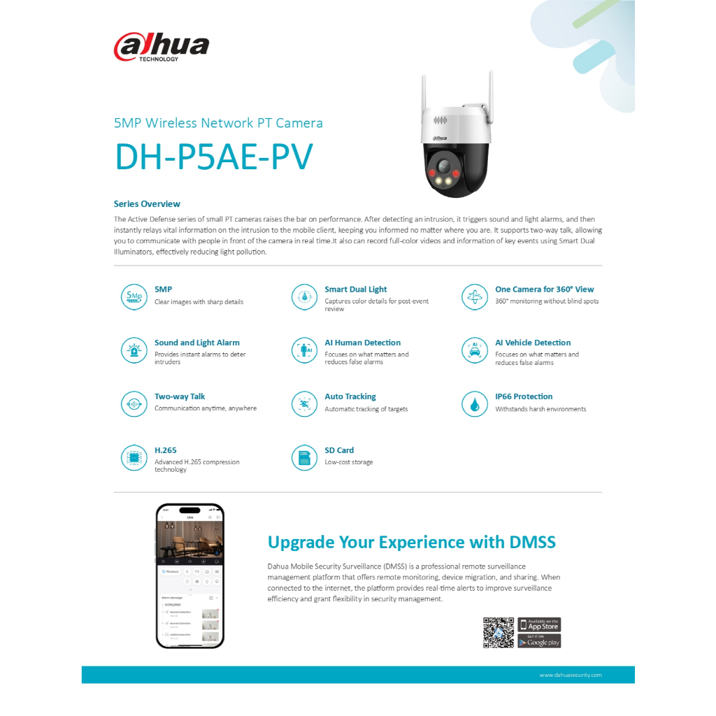 DAHUA กล้องวงจรปิด 2MP / 5MP DH-SD2A200HB-GN-AW-PV-S2 /  DH-P5AE-PV
