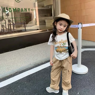 PRINCESS KESLI กางเกงคาร์โก้เด็ก กางเกงลำลองสำหรับเด็กผู้หญิง เอวยางยืด ทรงหลวม ผ้านุ่ม ใส่สบาย สไตล์เกาหลี แฟชั่น