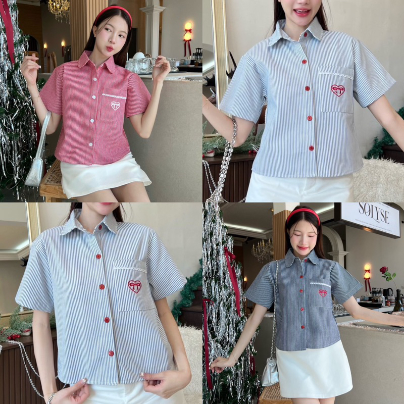 Sarang Denim Shirt เสื้อเชิ้ตคอปกแขนสั้น แต่งปักหัวใจที่กระเป๋า เนื้อผ้ายีนส์ลายริ้ว