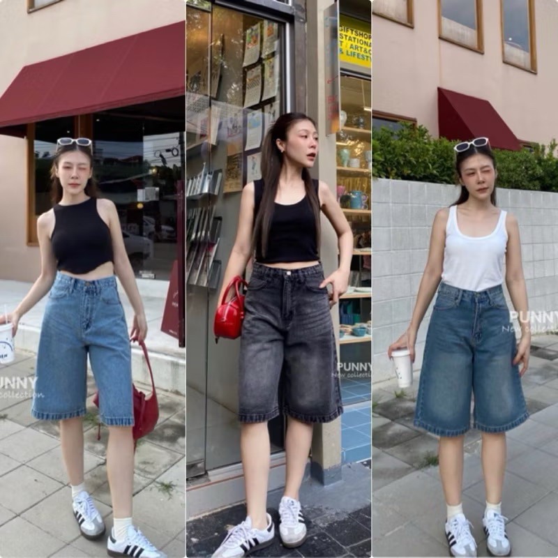 กางเกงยีนส์ทรงขา 5 ส่วน สีฟอกสวย เอวสูง ผ้าไม่ยืด แมทช์ง่ายทุกลุค