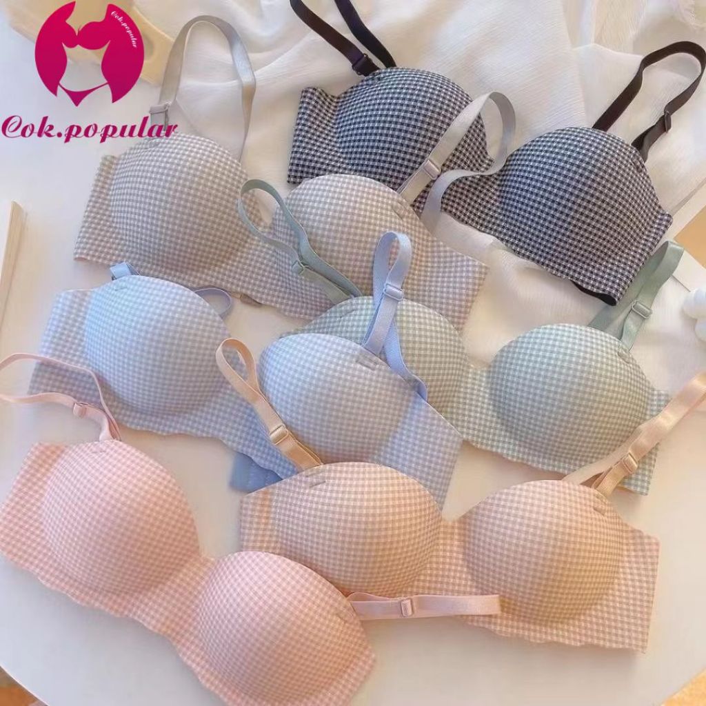 #195 เสื้อชั้นในแฟชั่น เสื้อชั้นในไร้โครง ไร้ขอบ สวมใส่สบาย ลายสก็อตสีพาสเทล น่ารักมาก เผื่อ1-2ไซร์ด้วยนะคะ