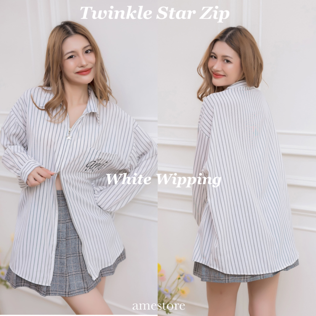 Twinkle Star Zip by A.M CLUB [เอเอ็ม คลับ]  เสื้อเชิ้ตซิปหน้าโอเวอร์ไซส์แขนยาว ซิปดาวรูดได้บนสุดล่างสุด เนื้อผ้าพริ้ว