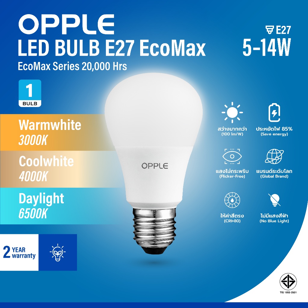 OPPLE | หลอดไฟ LED BULB E27 EcoMax 5W/7W/9W/12W/14W แสง 3000K/4000K/6500K 20000ชม ประกัน2ปี ถนอมสายต